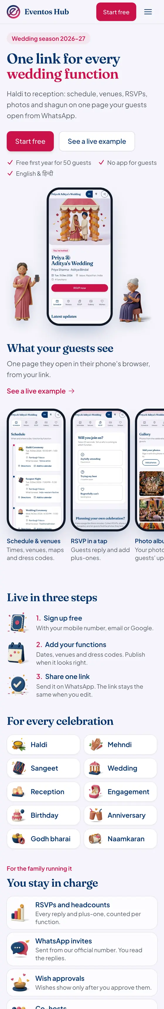 Eventos Hub wedding platform on a phone, built by Bindal Infotech